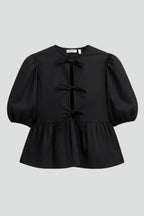 Orlena | Dames Peplum Blouse met Strik aan de Voorkant – Pofmouwen met Strikdetail
