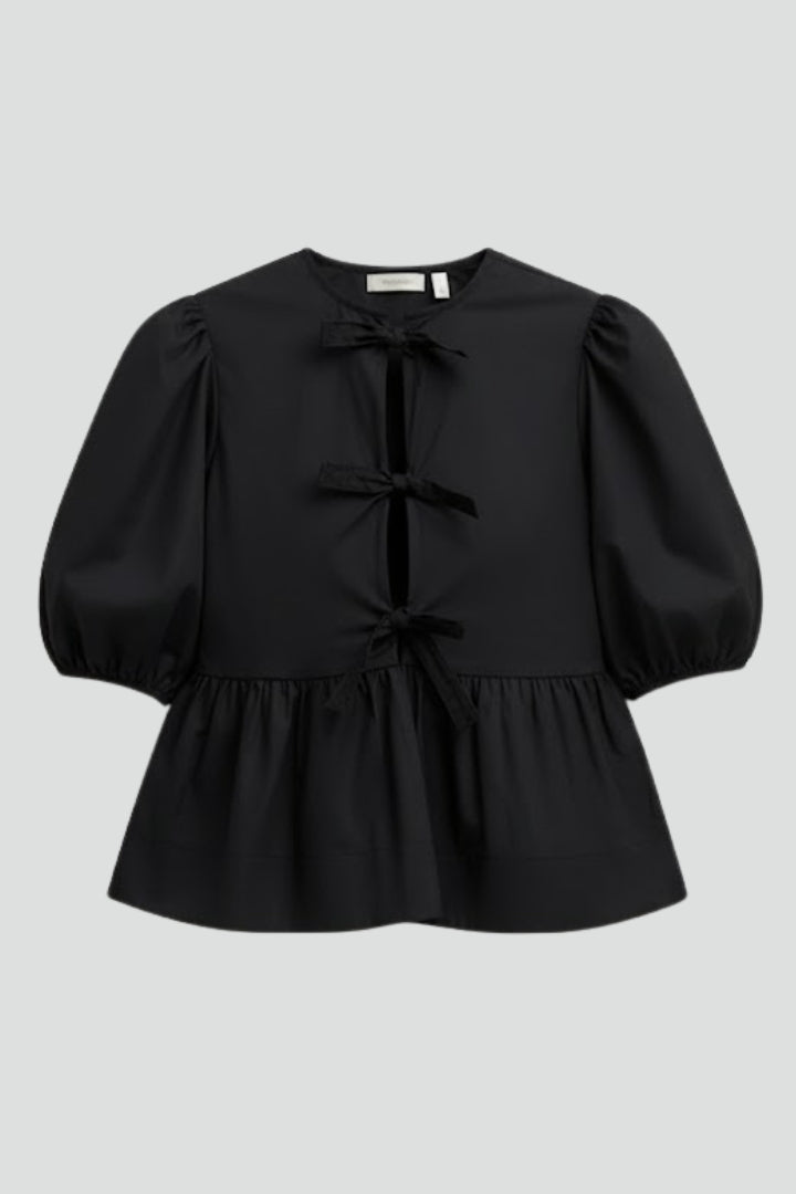 Orlena | Dames Peplum Blouse met Strik aan de Voorkant – Pofmouwen met Strikdetail