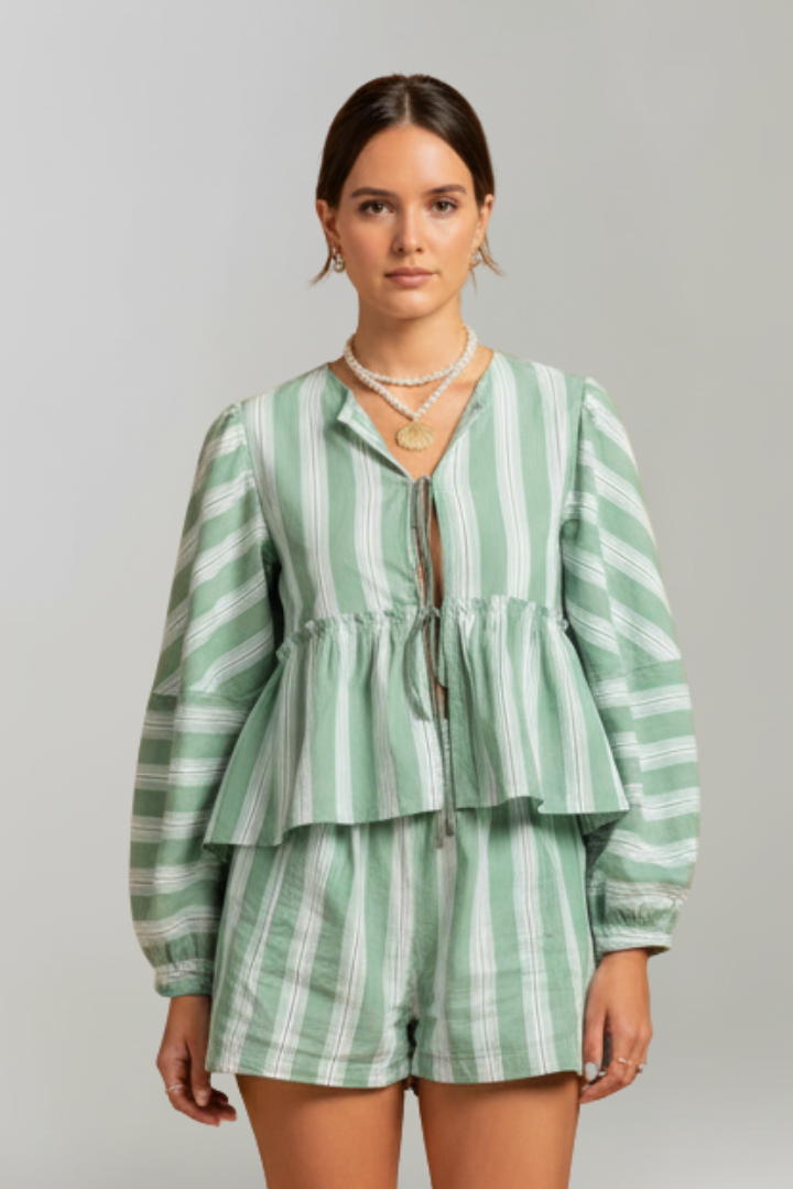 Vionara | Dames 2-delige set – Top met strik aan de voorkant met lange mouwen & korte broek