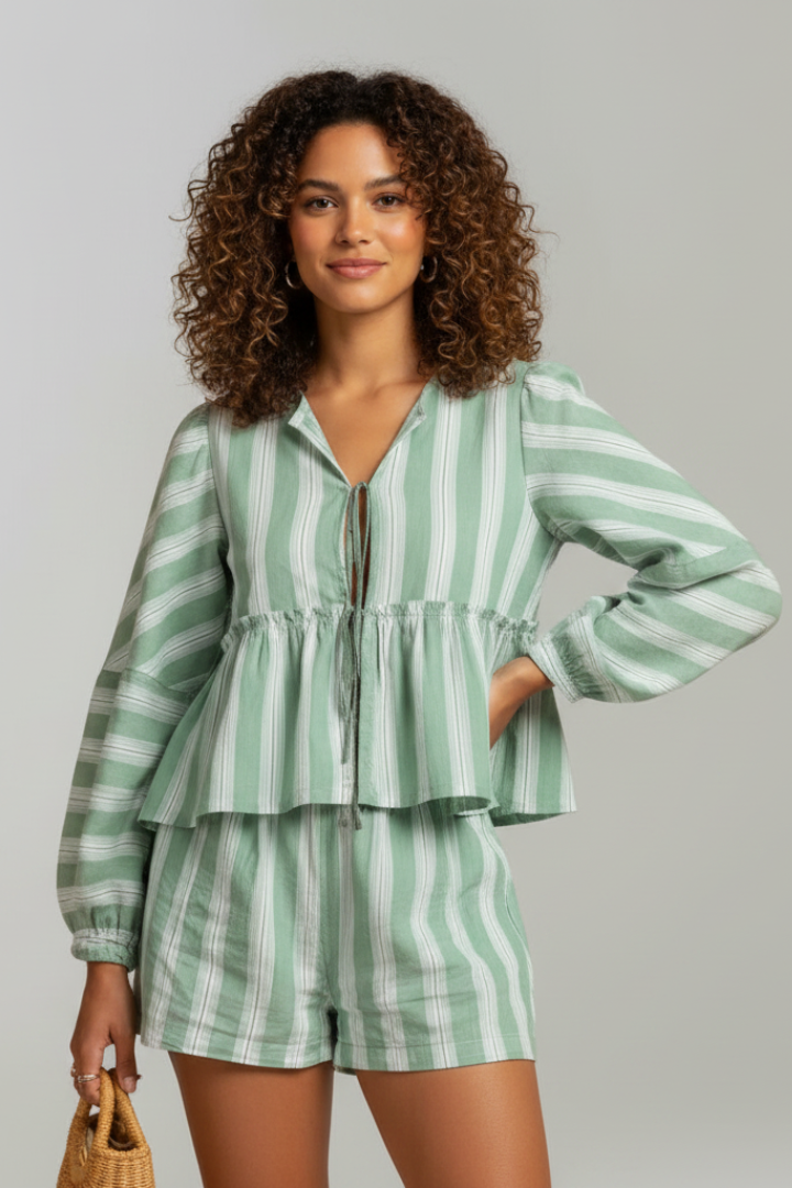 Vionara | Dames 2-delige set – Top met strik aan de voorkant met lange mouwen & korte broek