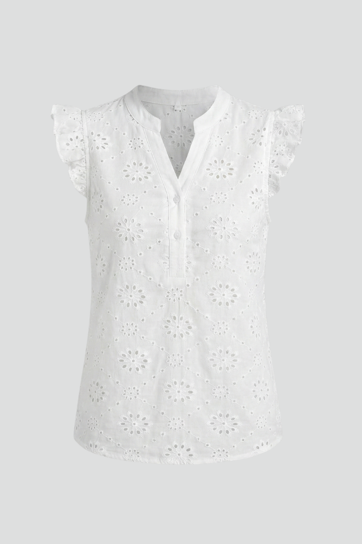 Nova | Mouwloze Eyelet Blouse voor Dames – Geborduurde Top met Ruches op de Schouders
