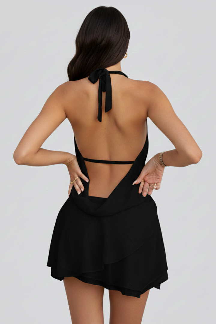 Norelia | Dames Backless Mini Jurk – Halter met Ronde Hals, Open Rug Feest- & Avond Cocktail Club Jurk