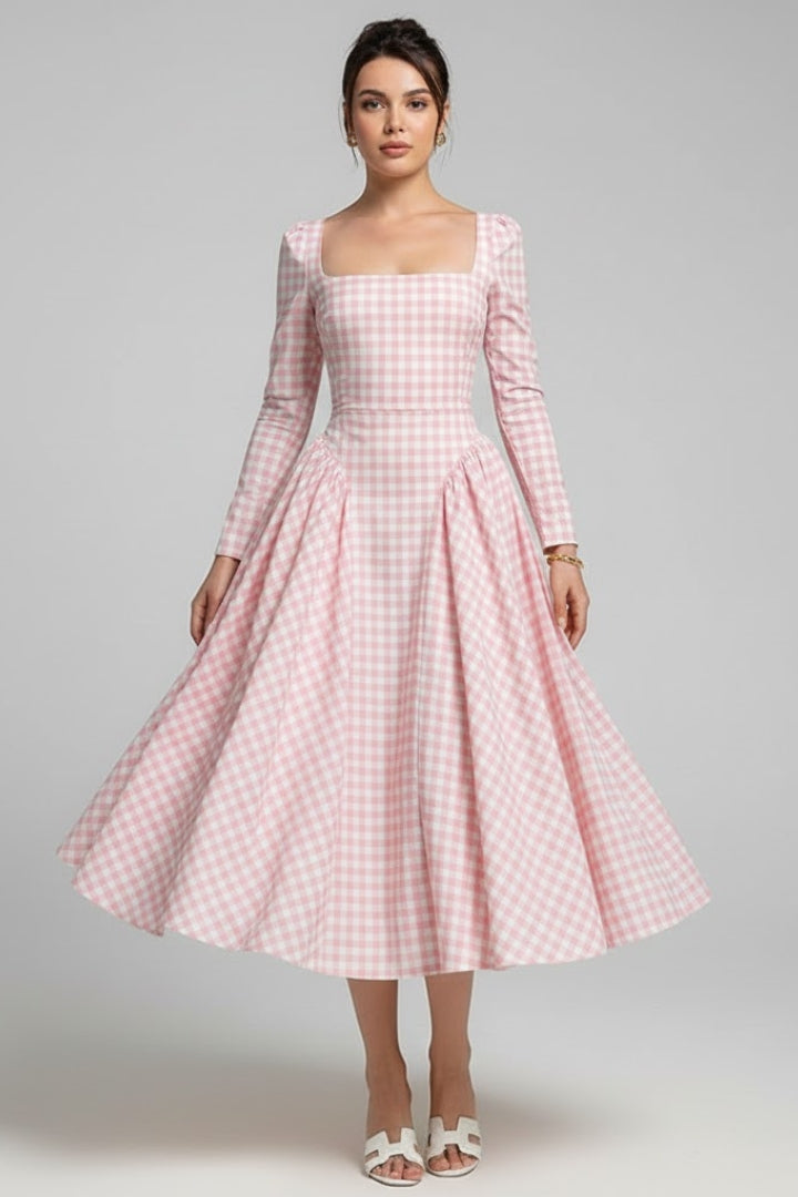 Eliana | Geruite Jurk voor Dames – Lange Mouwen Knie-lengte Fit & Flare, Vintage Elegante