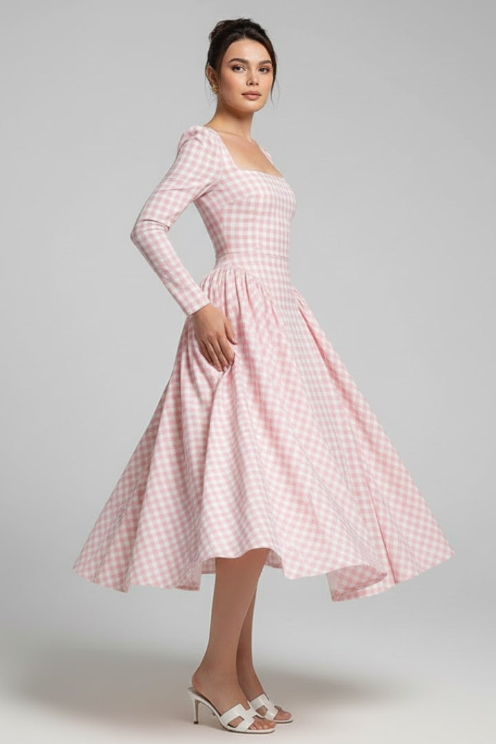 Eliana | Geruite Jurk voor Dames – Lange Mouwen Knie-lengte Fit & Flare, Vintage Elegante
