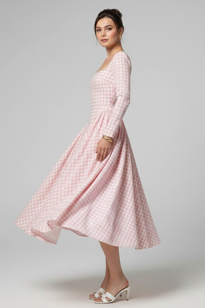 Eliana | Geruite Jurk voor Dames – Lange Mouwen Knie-lengte Fit & Flare, Vintage Elegante
