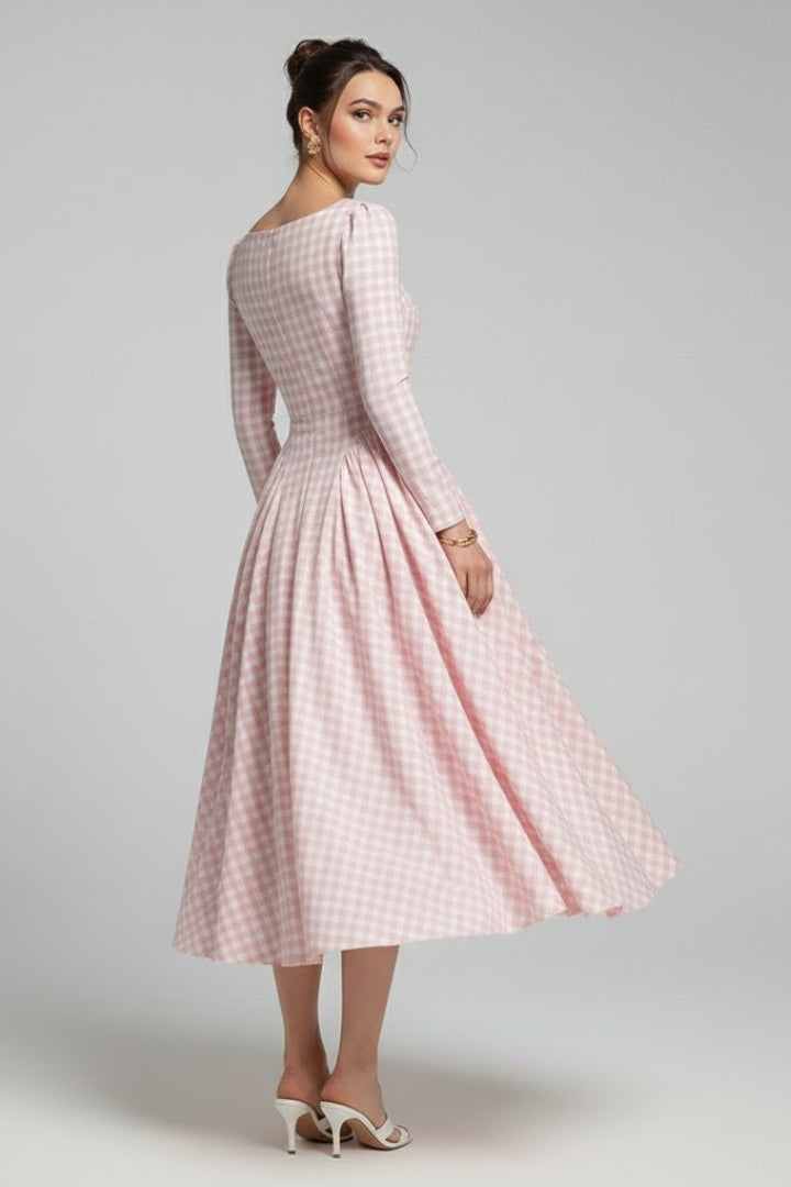 Eliana | Geruite Jurk voor Dames – Lange Mouwen Knie-lengte Fit & Flare, Vintage Elegante