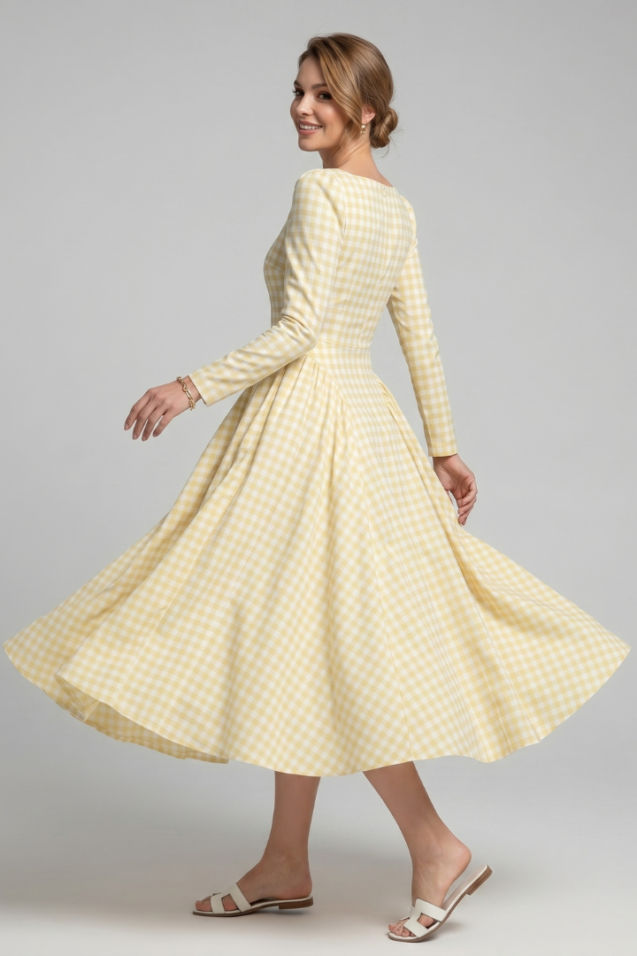 Eliana | Geruite Jurk voor Dames – Lange Mouwen Knie-lengte Fit & Flare, Vintage Elegante