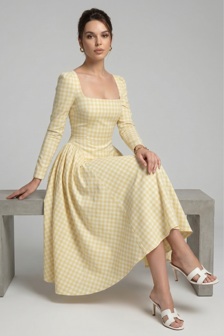 Eliana | Geruite Jurk voor Dames – Lange Mouwen Knie-lengte Fit & Flare, Vintage Elegante