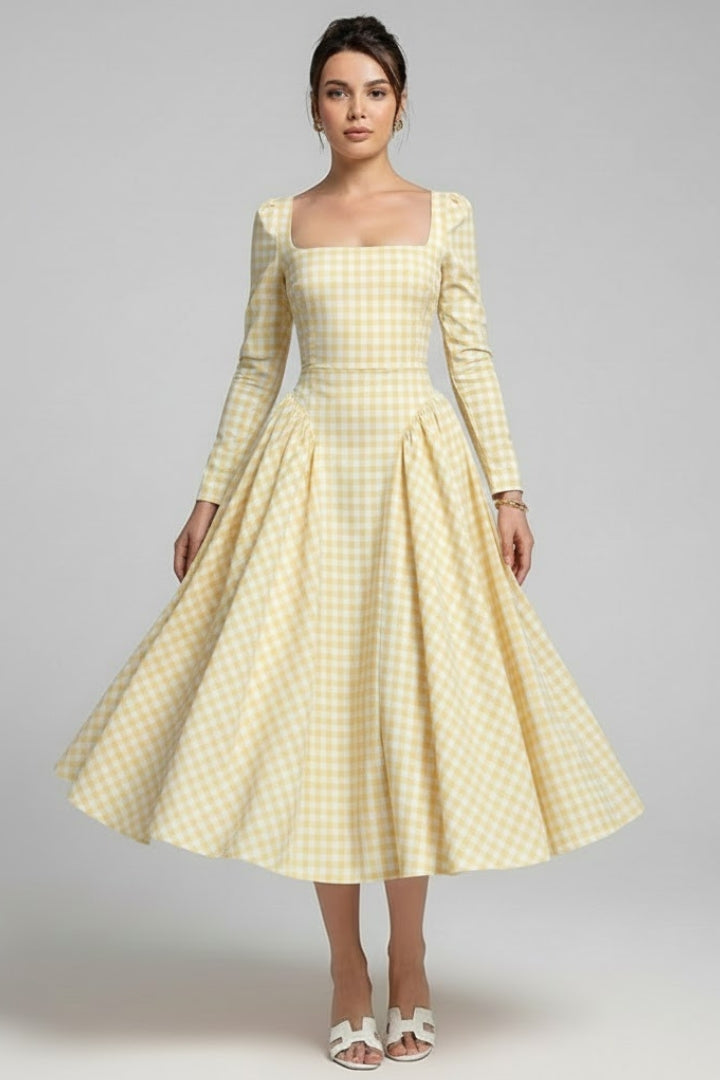 Eliana | Geruite Jurk voor Dames – Lange Mouwen Knie-lengte Fit & Flare, Vintage Elegante