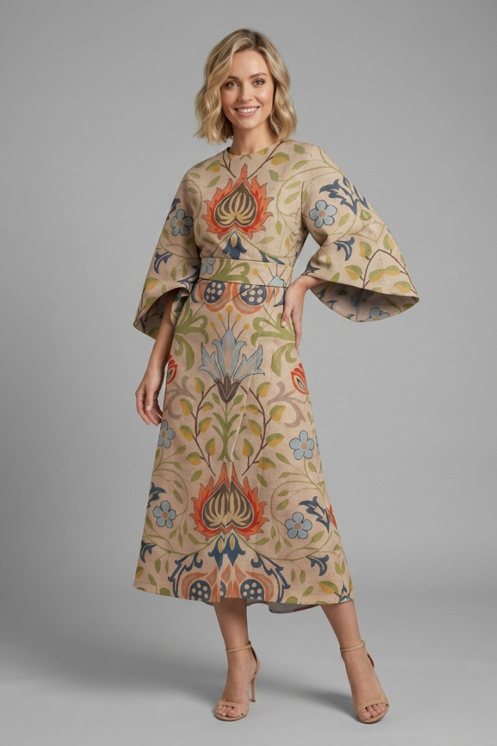 Larelle | Dames Midi Jurk met Abstracte Print – Wijde Mouwen en Losvallende Pasvorm