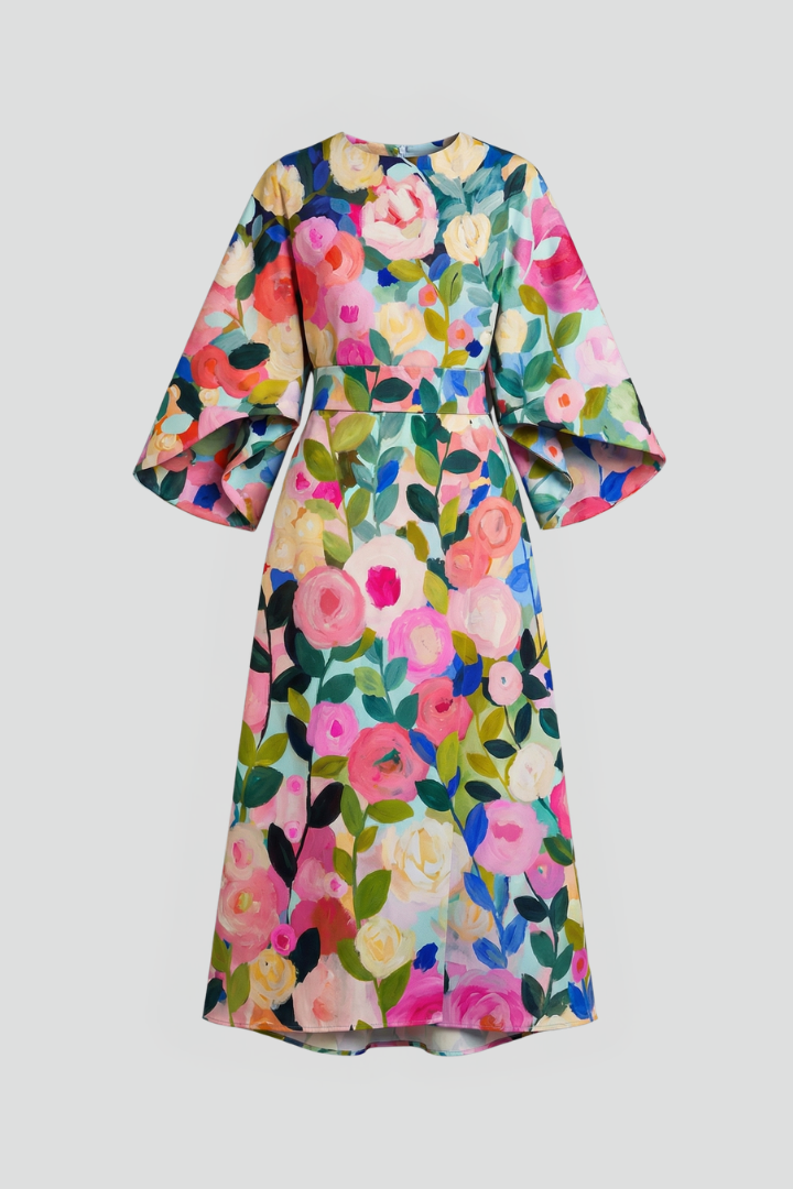 Larelle | Dames Midi Jurk met Abstracte Print – Wijde Mouwen en Losvallende Pasvorm