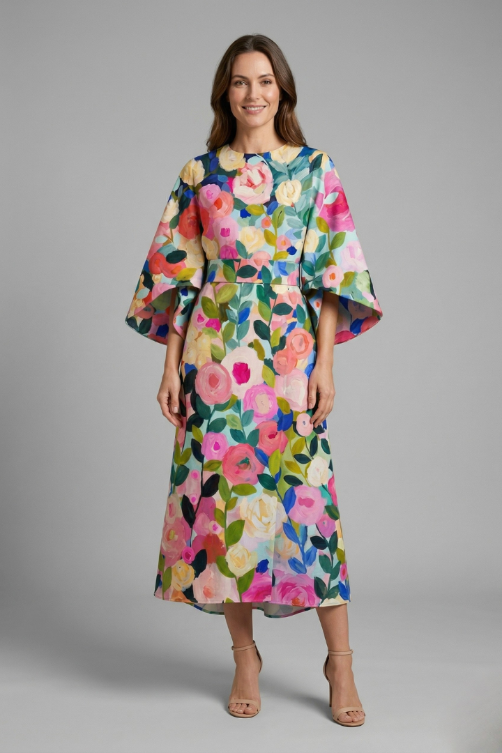 Larelle | Dames Midi Jurk met Abstracte Print – Wijde Mouwen en Losvallende Pasvorm
