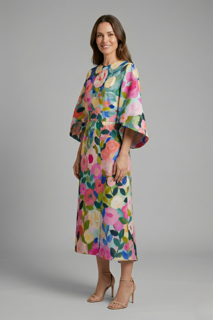 Larelle | Dames Midi Jurk met Abstracte Print – Wijde Mouwen en Losvallende Pasvorm