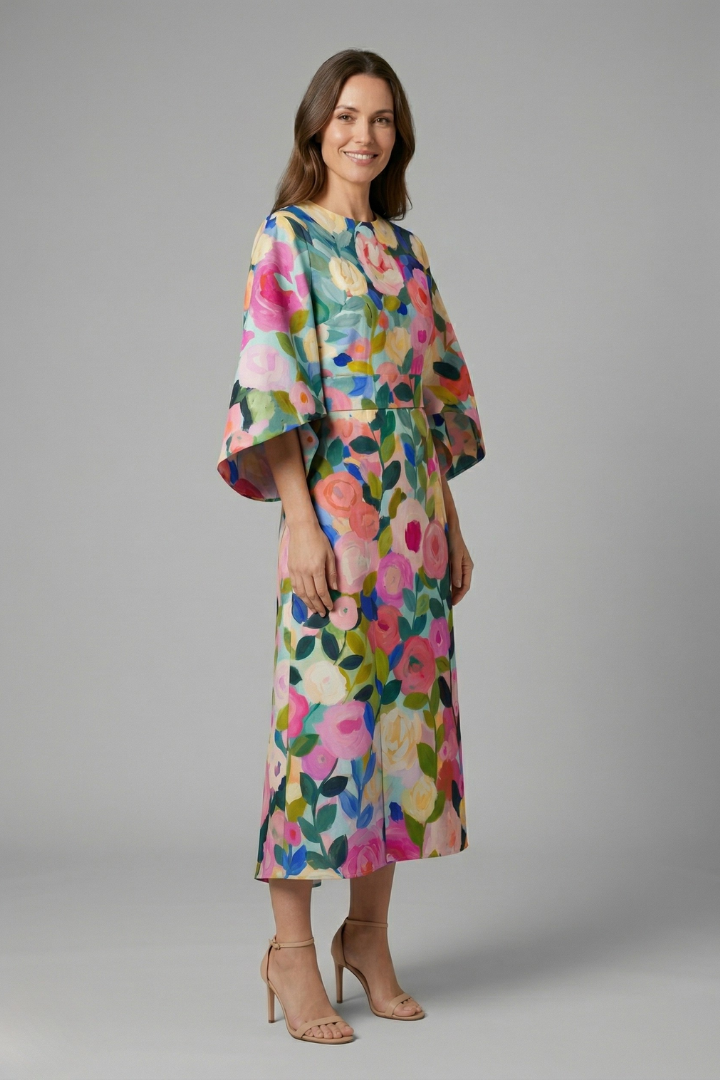 Larelle | Dames Midi Jurk met Abstracte Print – Wijde Mouwen en Losvallende Pasvorm