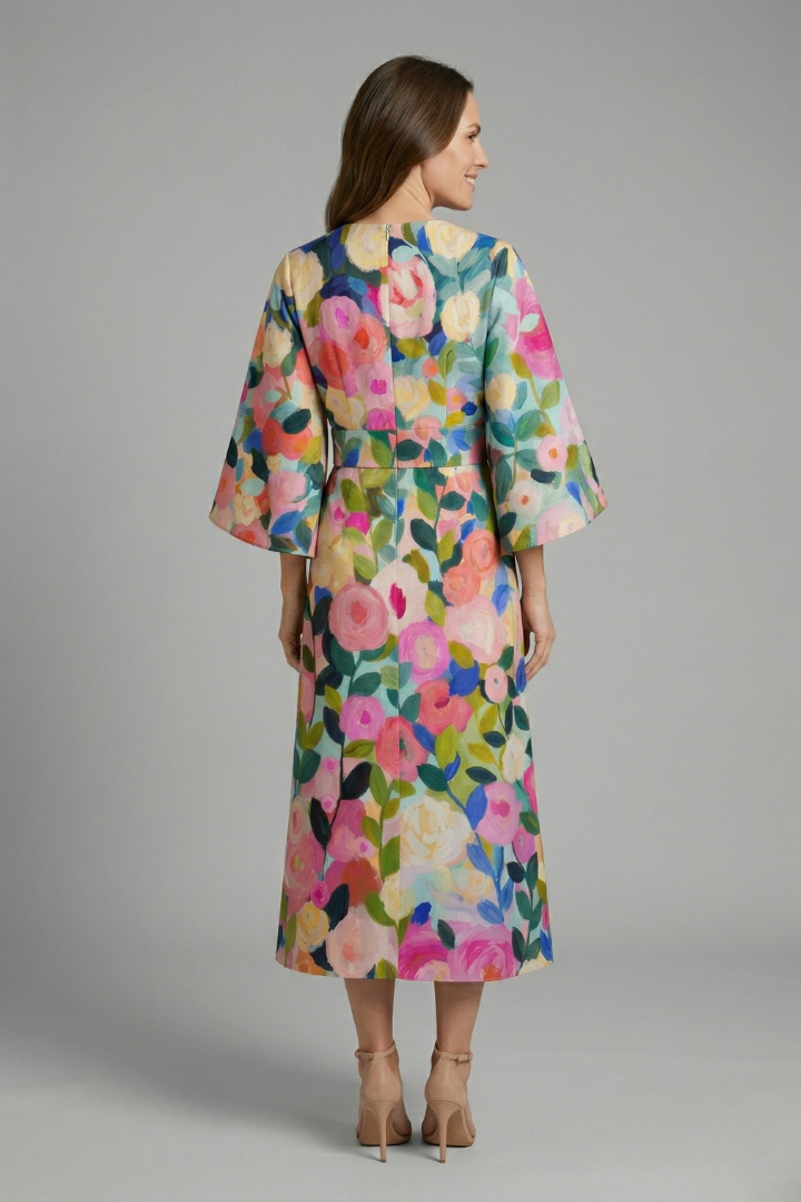 Larelle | Dames Midi Jurk met Abstracte Print – Wijde Mouwen en Losvallende Pasvorm