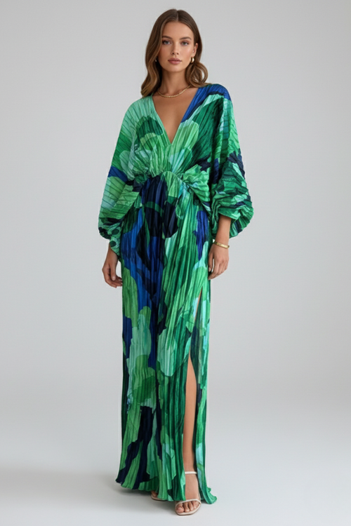 Alessia | Geplooide Maxi Jurk voor Dames – All-Over Print Elegante Vloeiende Avondjurk