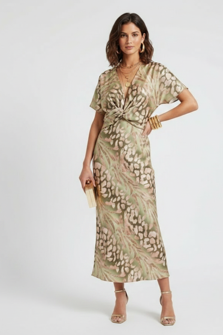 Anika | Bloemen Midi Jurk voor Dames – V-hals Korte Mouwen, Getailleerde Elegante Geprinte