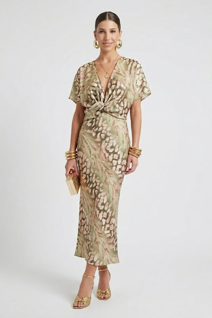Anika | Bloemen Midi Jurk voor Dames – V-hals Korte Mouwen, Getailleerde Elegante Geprinte