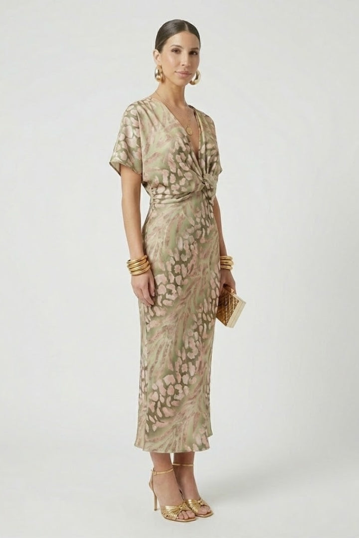 Anika | Bloemen Midi Jurk voor Dames – V-hals Korte Mouwen, Getailleerde Elegante Geprinte