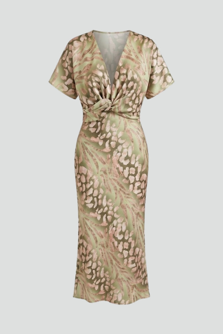 Anika | Bloemen Midi Jurk voor Dames – V-hals Korte Mouwen, Getailleerde Elegante Geprinte