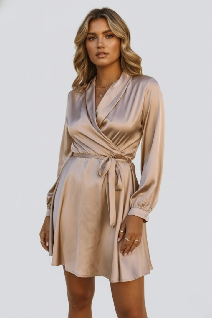 Giselle | Satijnen Mini Jurk voor Dames – V-hals, Omslag Taille, Elegante Party- en Cocktailjurk