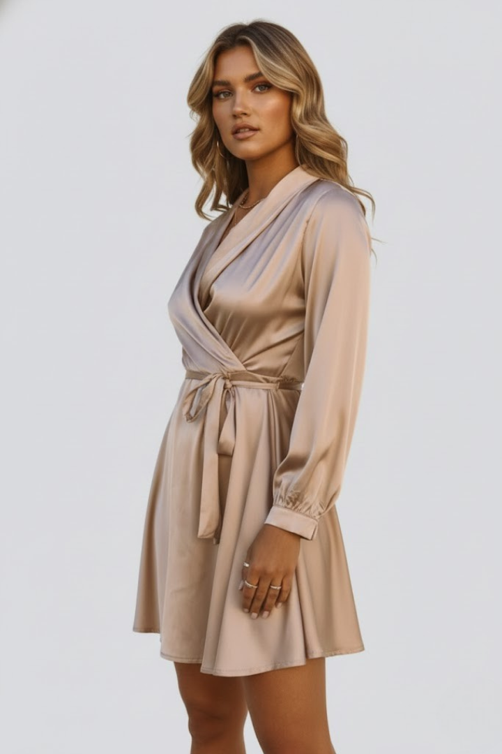 Giselle | Satijnen Mini Jurk voor Dames – V-hals, Omslag Taille, Elegante Party- en Cocktailjurk