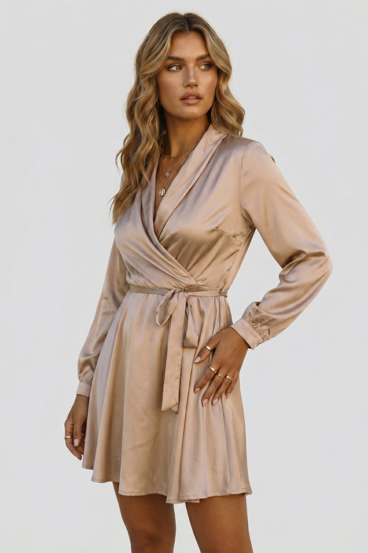 Giselle | Satijnen Mini Jurk voor Dames – V-hals, Omslag Taille, Elegante Party- en Cocktailjurk