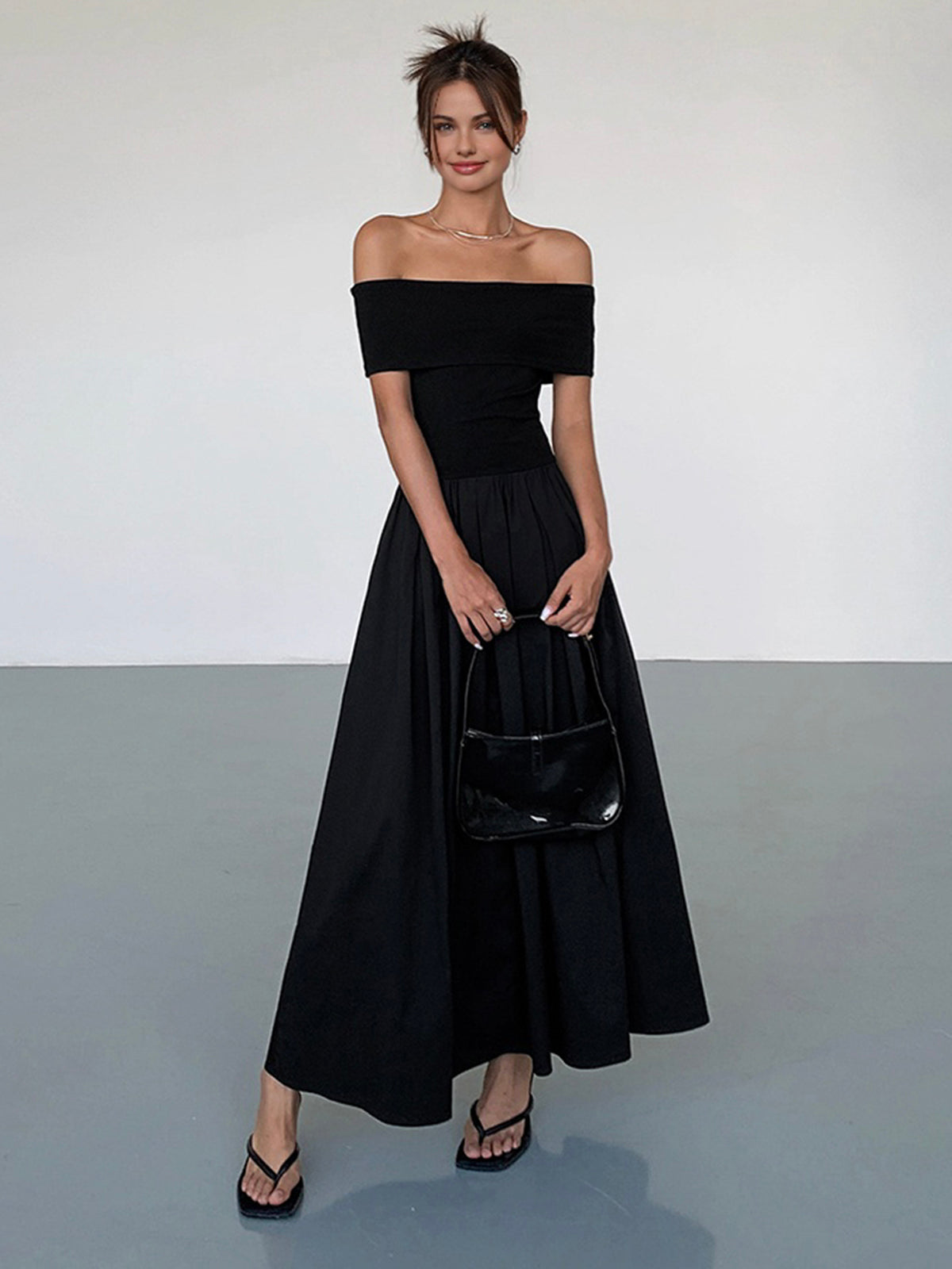 Zylia | Off-shoulder maxi-jurk voor dames – soepel vallende geplooide feestjurk