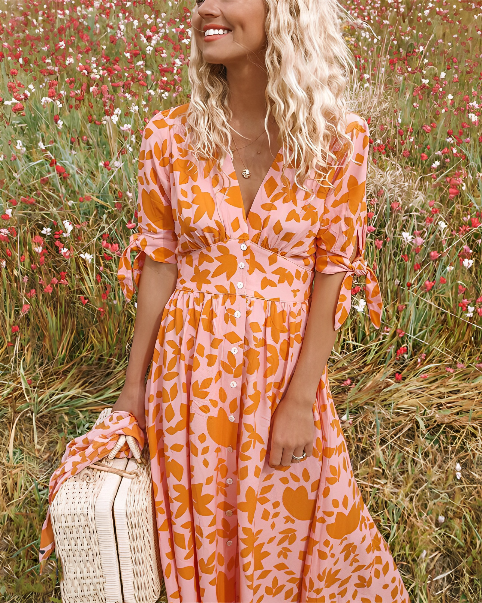 Zerelia | Dames Elegante Jurk – Oranje Print Jurk met V-Hals, Midi Jurk