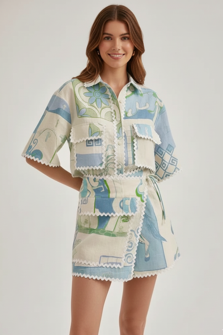 Savannah | 2-delige Patchwork Co-ord Set voor Dames – Linnenmix Zomeroutfit