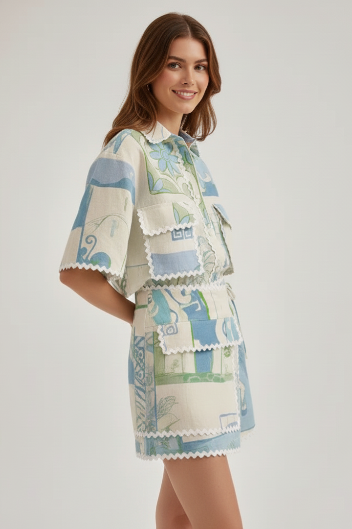 Savannah | 2-delige Patchwork Co-ord Set voor Dames – Linnenmix Zomeroutfit