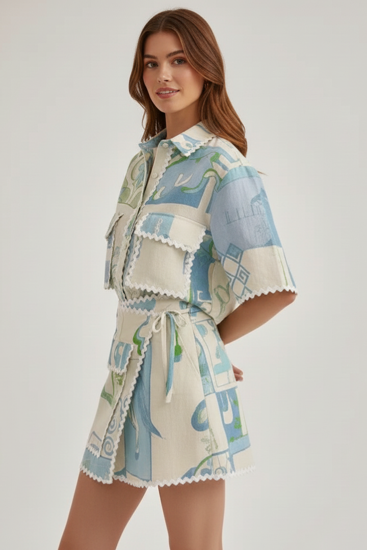 Savannah | 2-delige Patchwork Co-ord Set voor Dames – Linnenmix Zomeroutfit