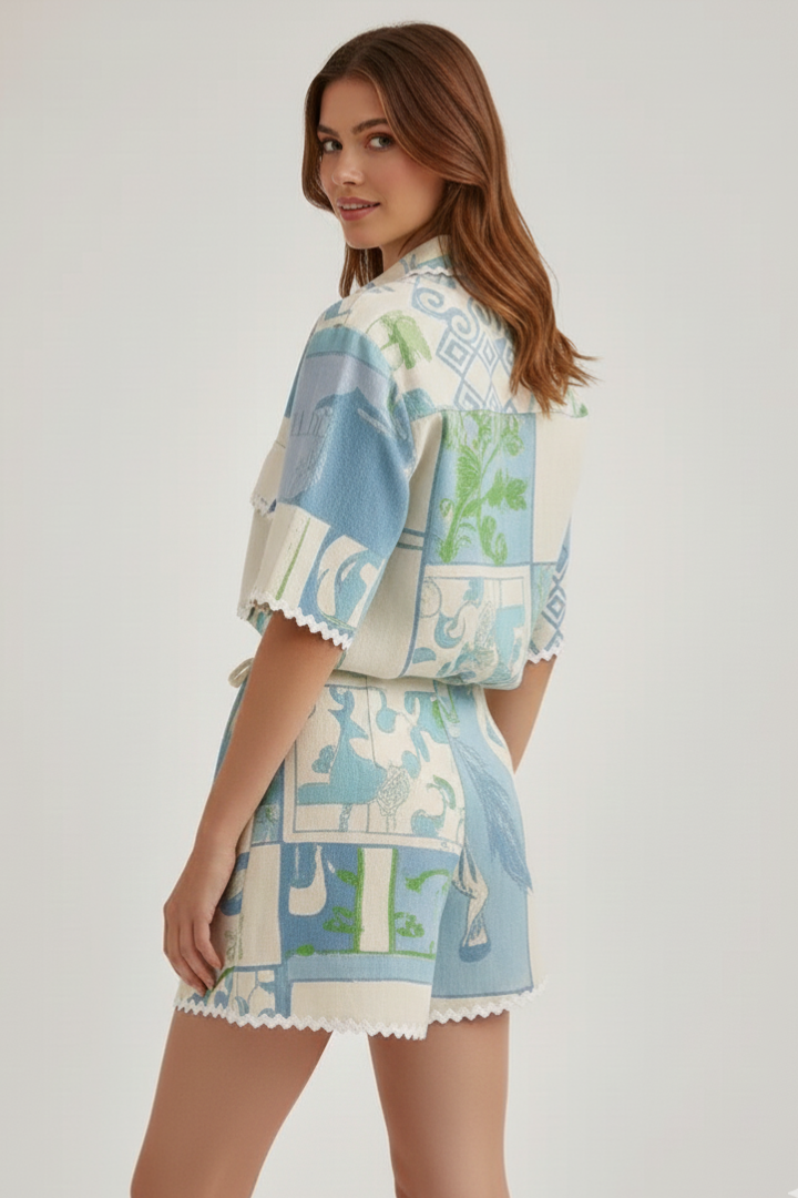 Savannah | 2-delige Patchwork Co-ord Set voor Dames – Linnenmix Zomeroutfit