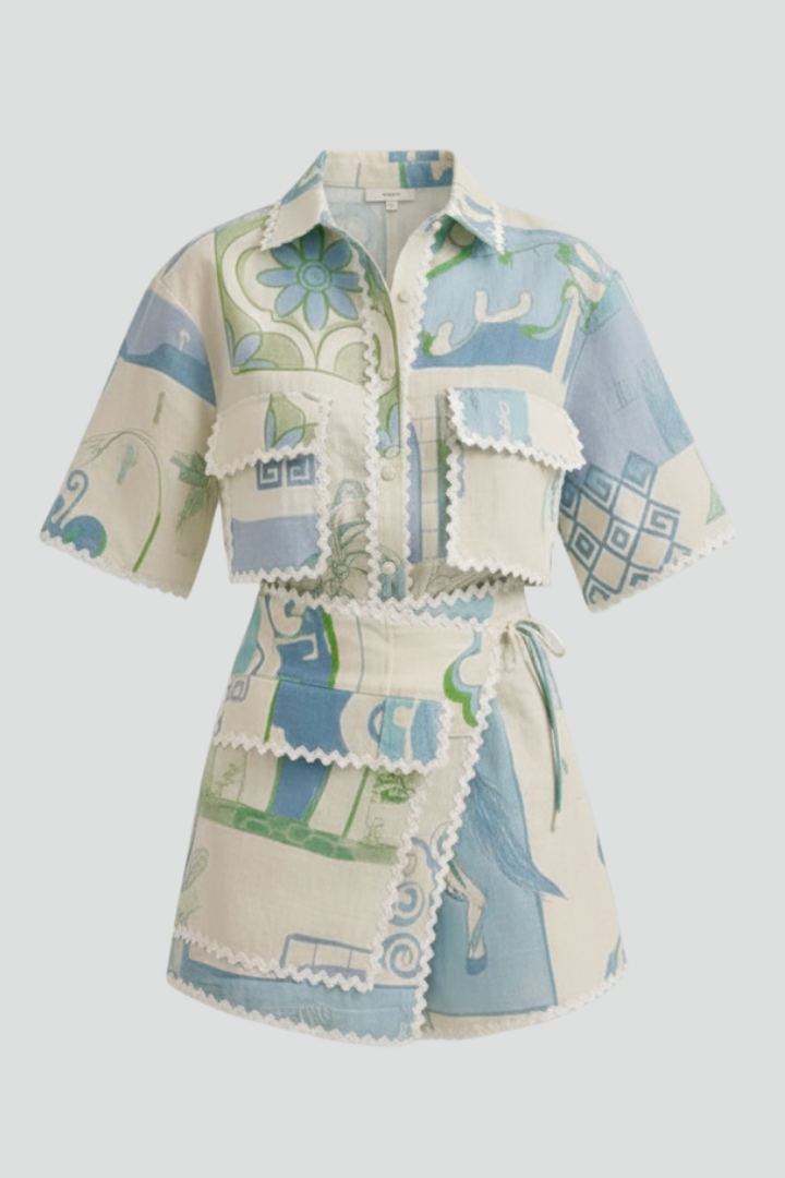 Savannah | 2-delige Patchwork Co-ord Set voor Dames – Linnenmix Zomeroutfit