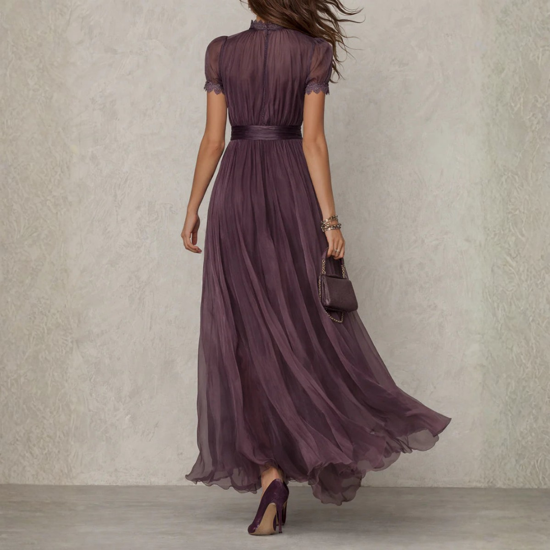 Matilda | Dames Kanten Chiffon Maxi Jurk – Elegante Vloeiende Avondjurk