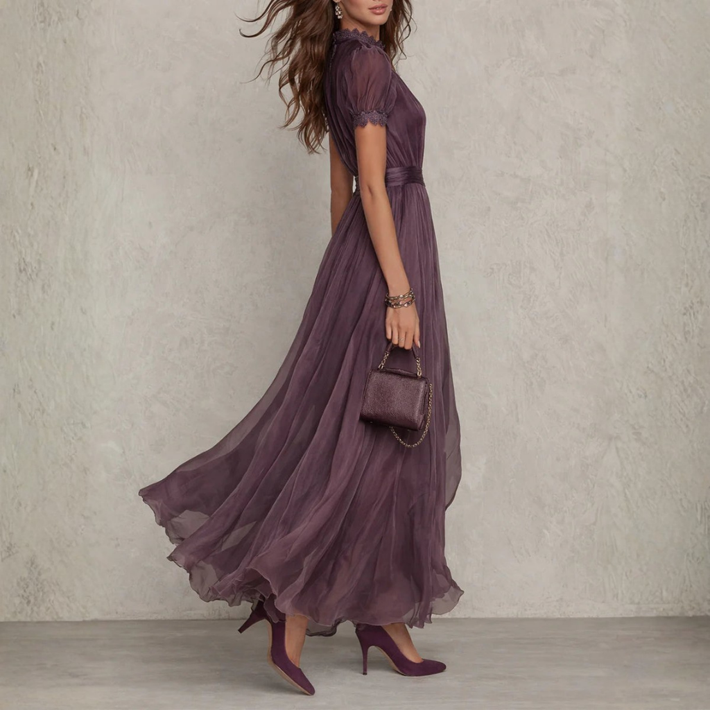 Matilda | Dames Kanten Chiffon Maxi Jurk – Elegante Vloeiende Avondjurk