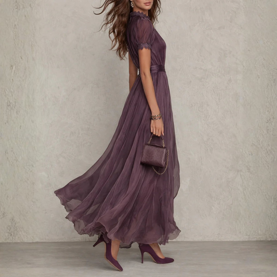 Matilda | Dames Kanten Chiffon Maxi Jurk – Elegante Vloeiende Avondjurk