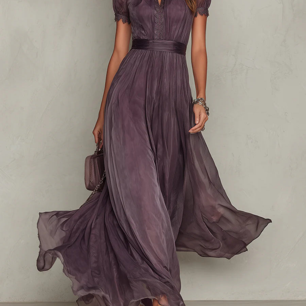 Matilda | Dames Kanten Chiffon Maxi Jurk – Elegante Vloeiende Avondjurk