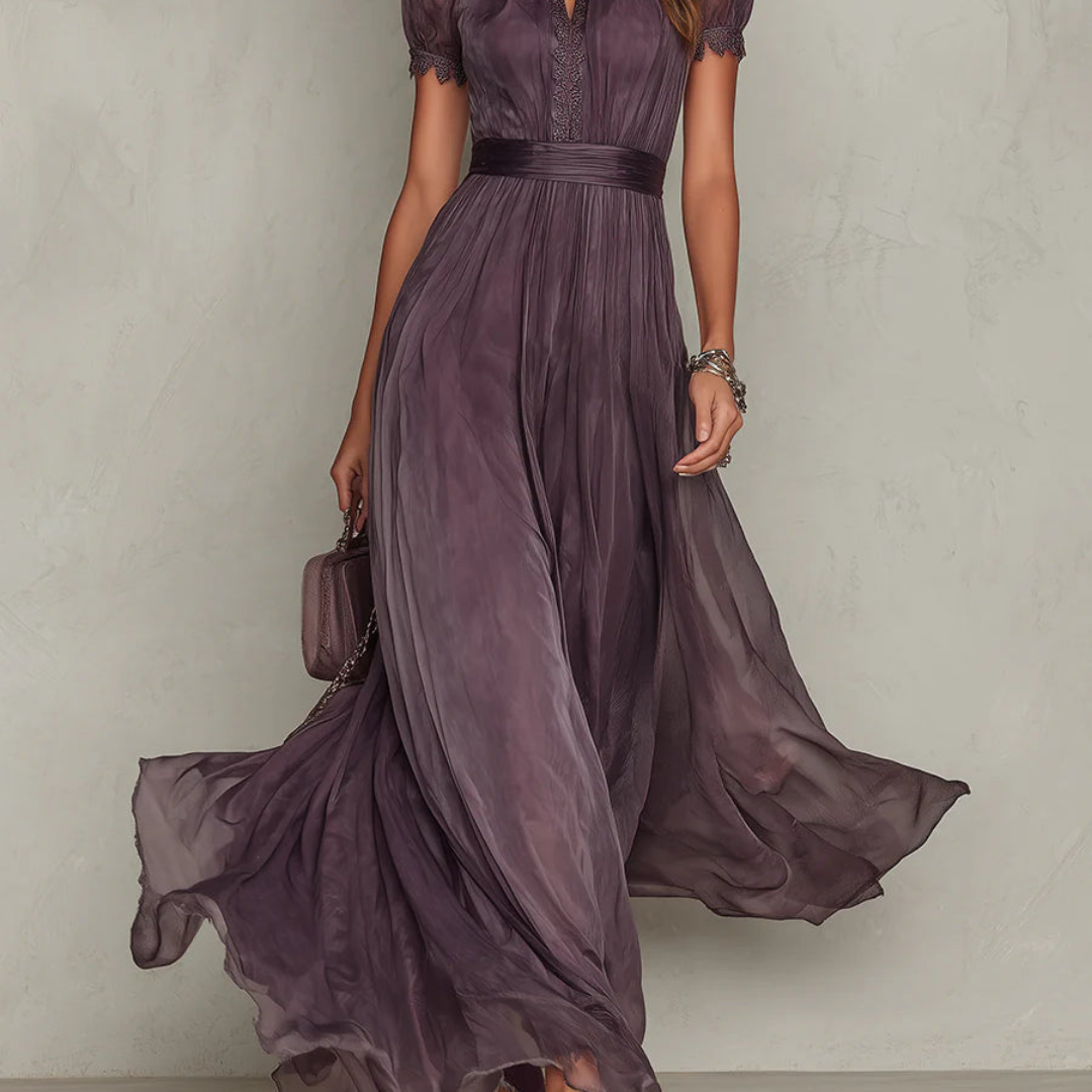 Matilda | Dames Kanten Chiffon Maxi Jurk – Elegante Vloeiende Avondjurk