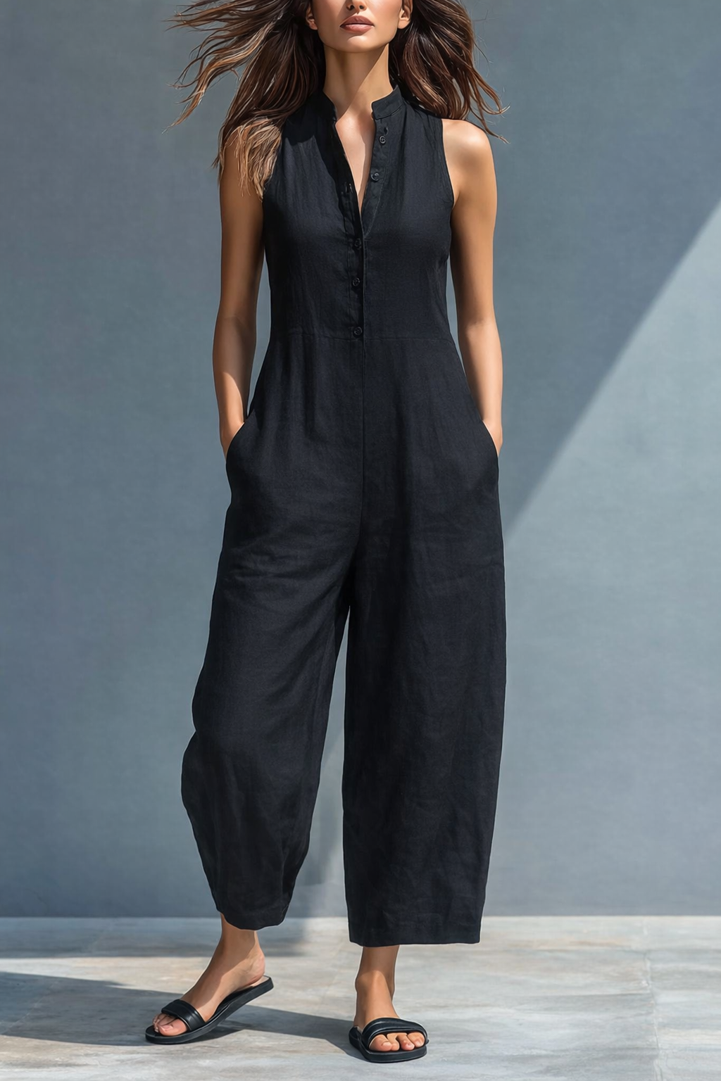 Fiorella | Jumpsuit voor dames met wijde pijpen – Mouwloze, casual jumpsuit met V-hals