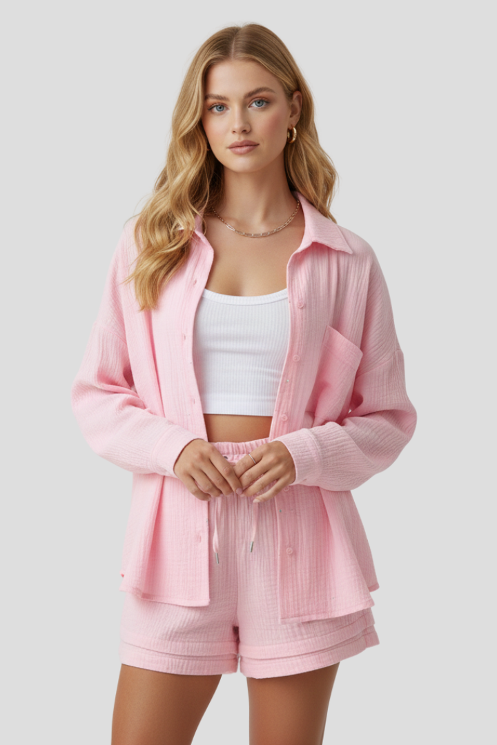 Claire | 2-delige Set voor Dames – Oversized Blouse met Knopen en Hoge Taille Mousseline Short