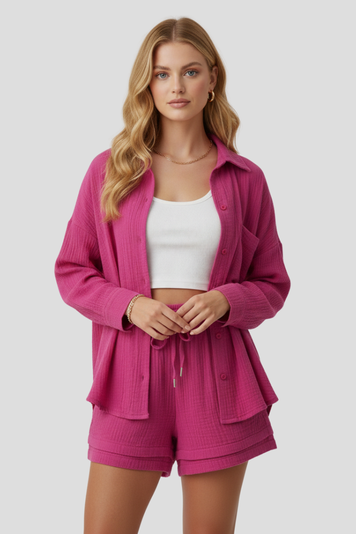 Claire | 2-delige Set voor Dames – Oversized Blouse met Knopen en Hoge Taille Mousseline Short