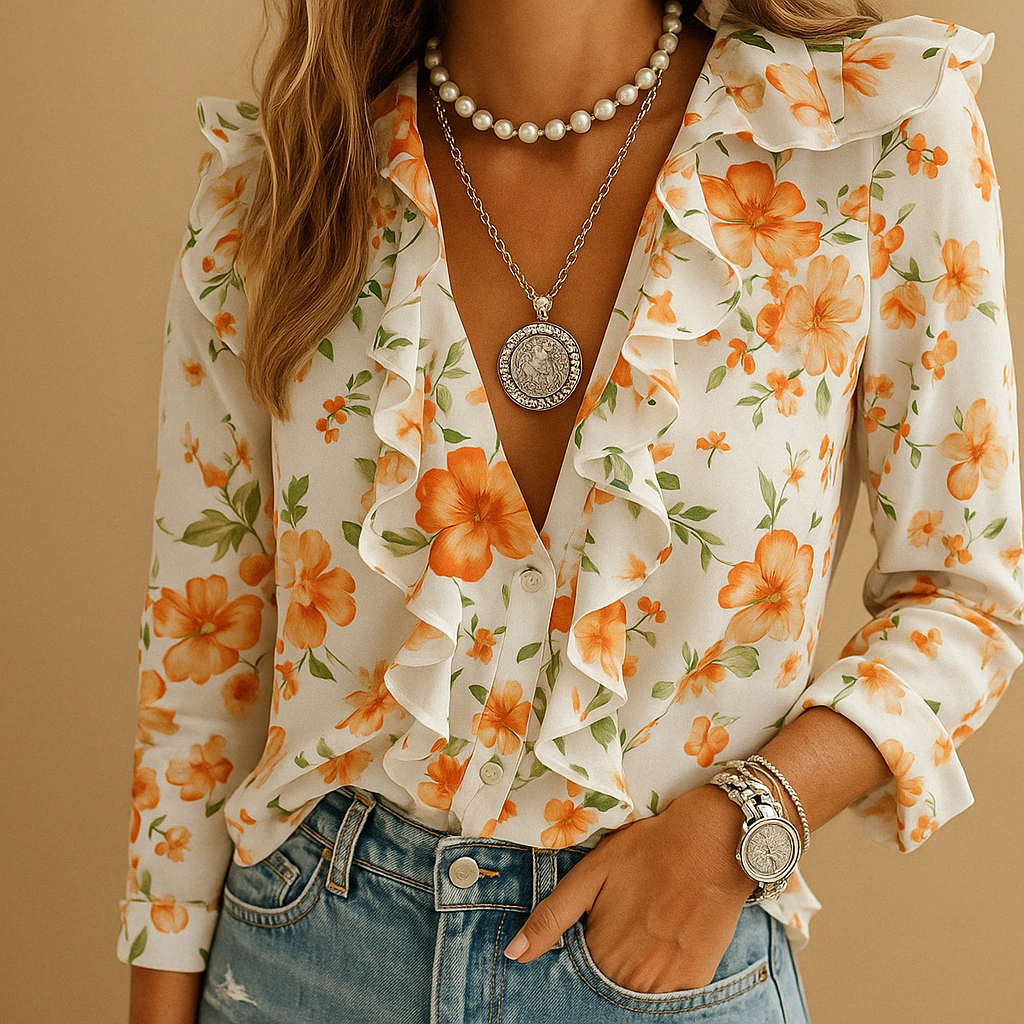 Luchtige Dames blouse met ruches en vlinderprint | Lange mouwen - Chiara