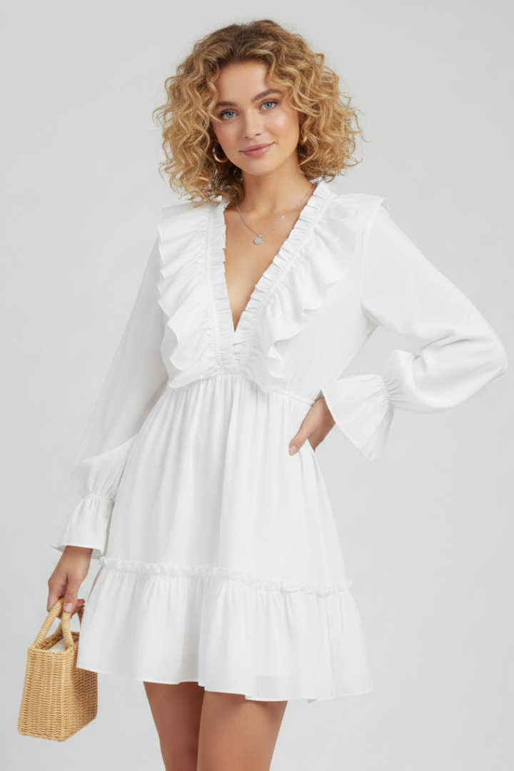 Elaris | Dames V-hals Mini Jurk – Lange Mouw Flared Manchetten met Ruches Afwerking