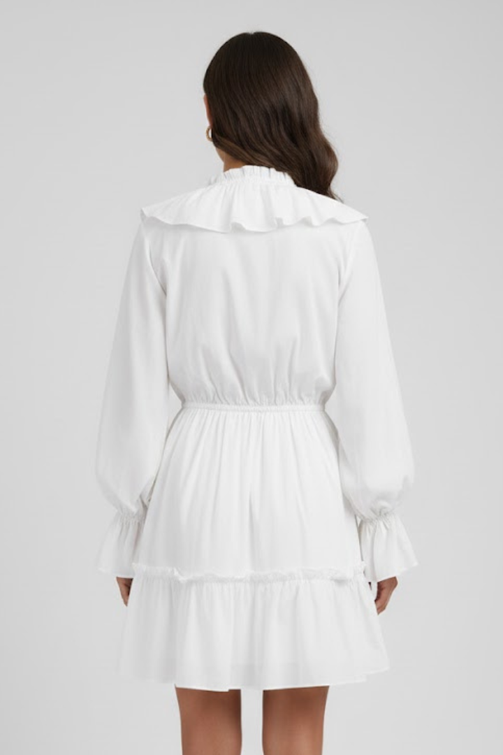 Elaris | Dames V-hals Mini Jurk – Lange Mouw Flared Manchetten met Ruches Afwerking