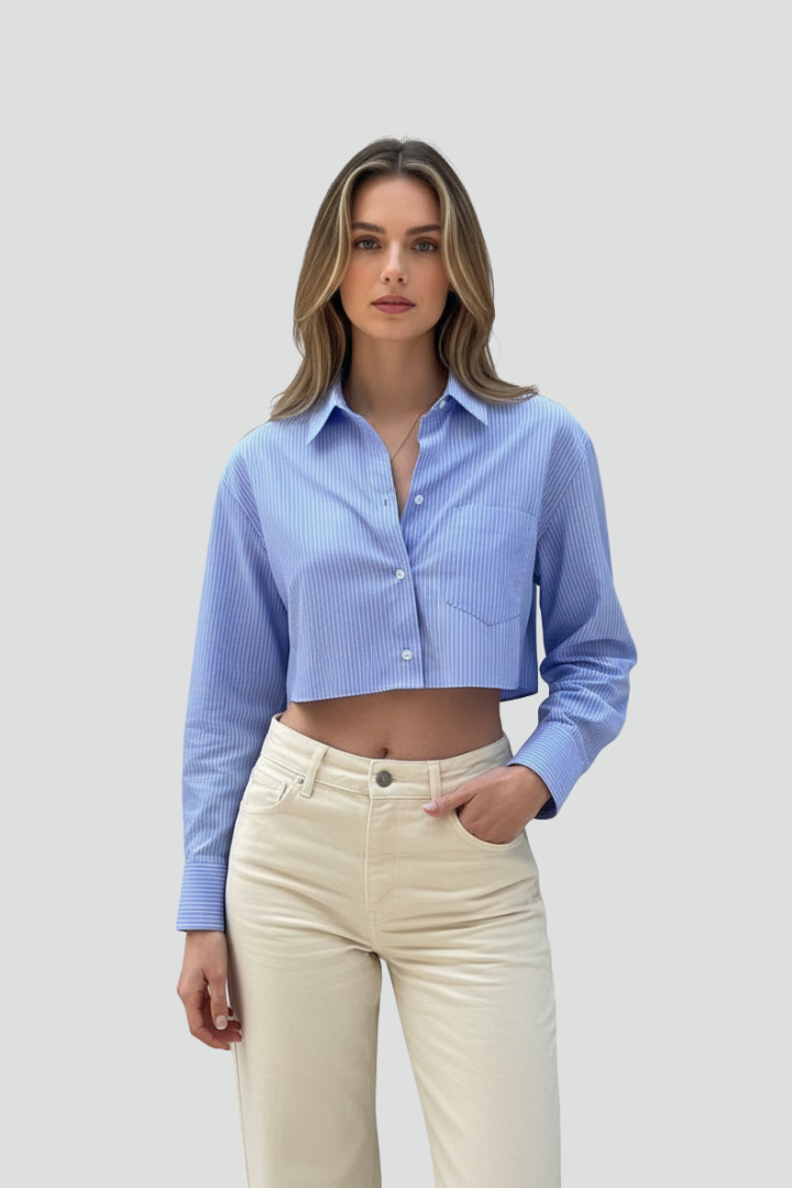 Naomi | Gestreepte Cropped Overhemdblouse voor Dames – Casual Lange Mouwen Blouse
