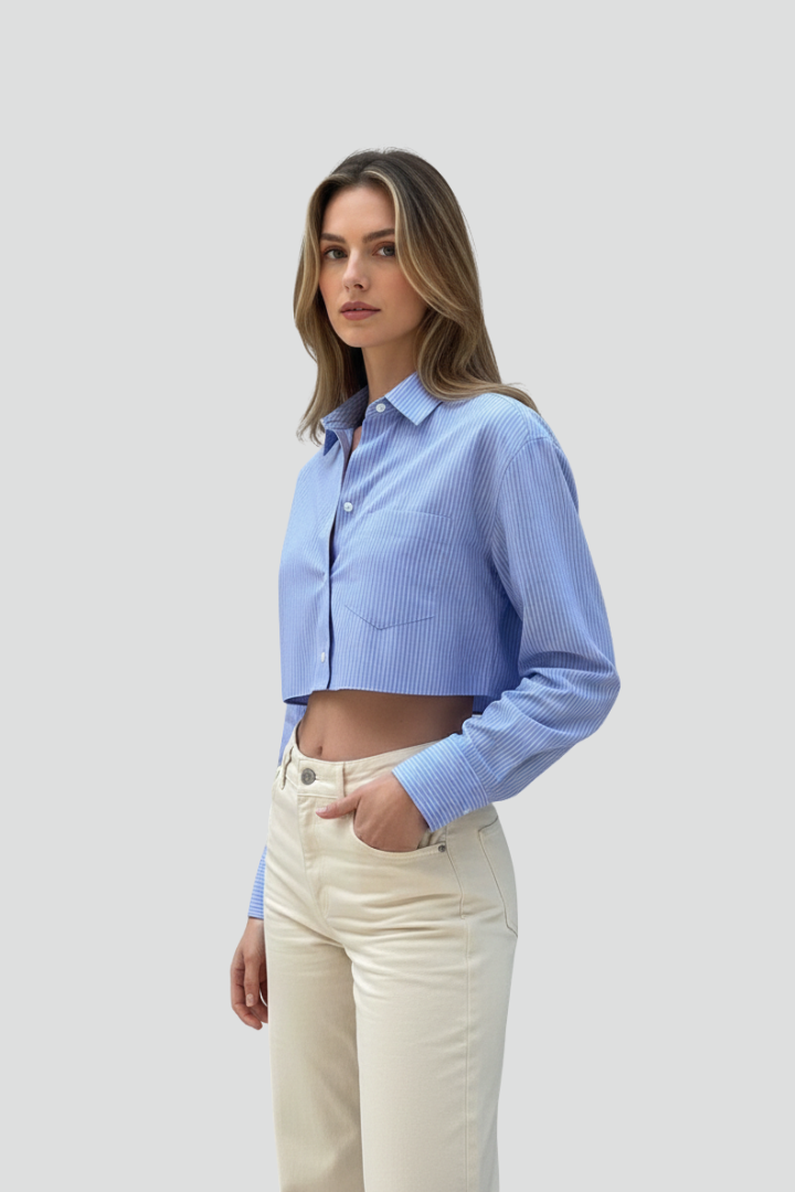 Naomi | Gestreepte Cropped Overhemdblouse voor Dames – Casual Lange Mouwen Blouse