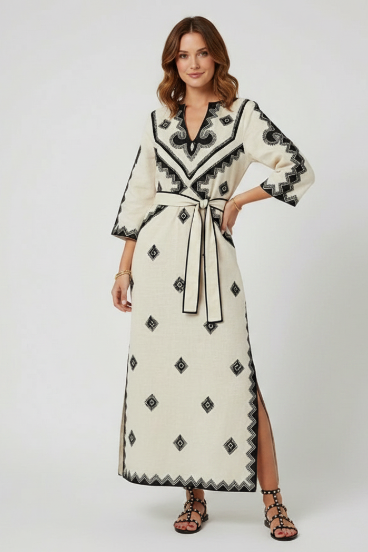 Kaelis | Geborduurde kaftanjurk voor dames – V-hals, verstelbare taille met strik en boho zomer maxi jurk