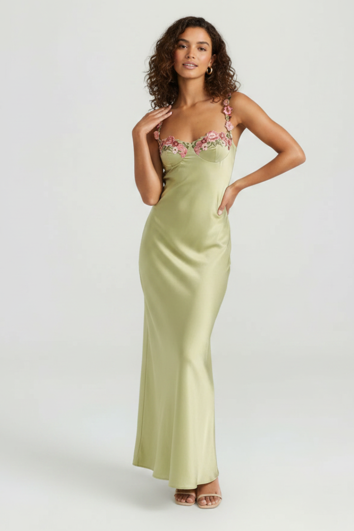 Maelis | Bloemen Droom Geborduurde Maxi Jurk – Mouwloze Slim-Fit Bodycon Gown