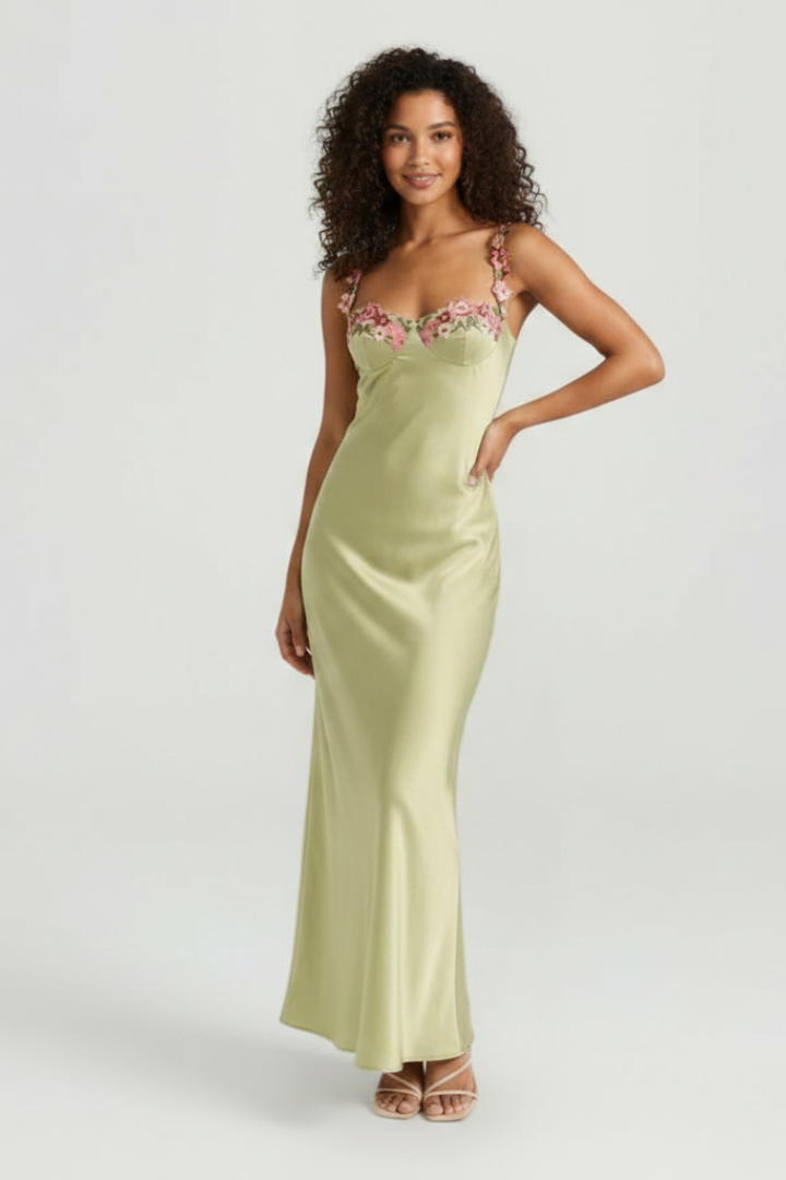 Maelis | Bloemen Droom Geborduurde Maxi Jurk – Mouwloze Slim-Fit Bodycon Gown